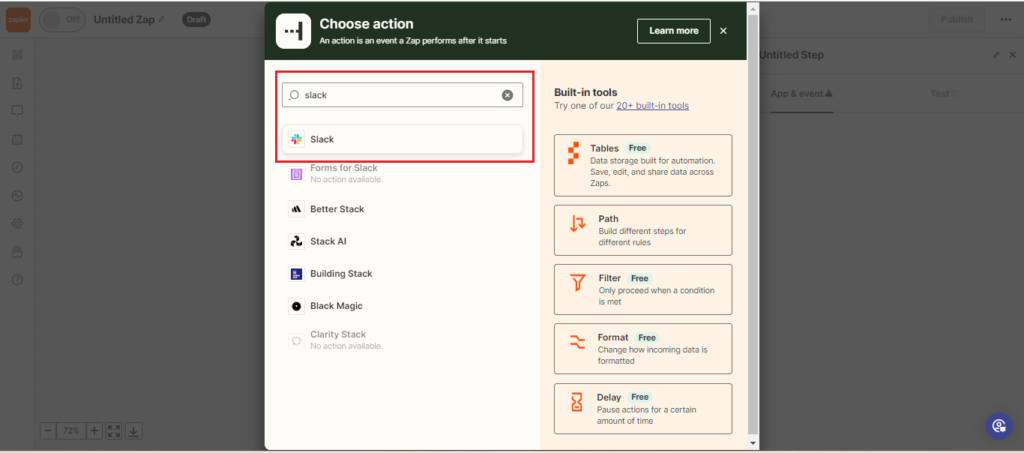 Choose Slack as the Action App