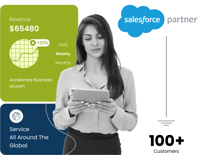 Woman using tablet with revenue stats, Salesforce partner logo, and 100+ customers