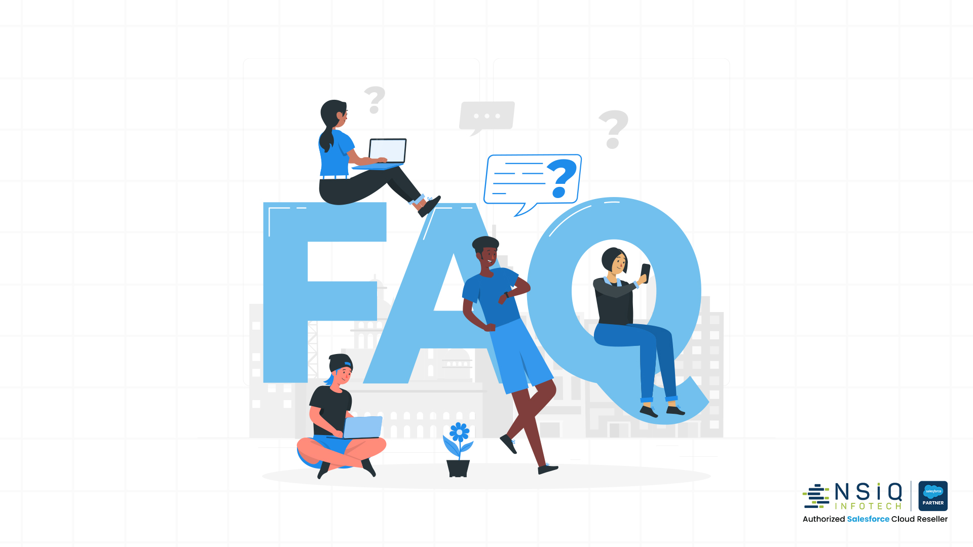 FAQ illustration representing user queries, support resources, and knowledge sharing in a digital environment.