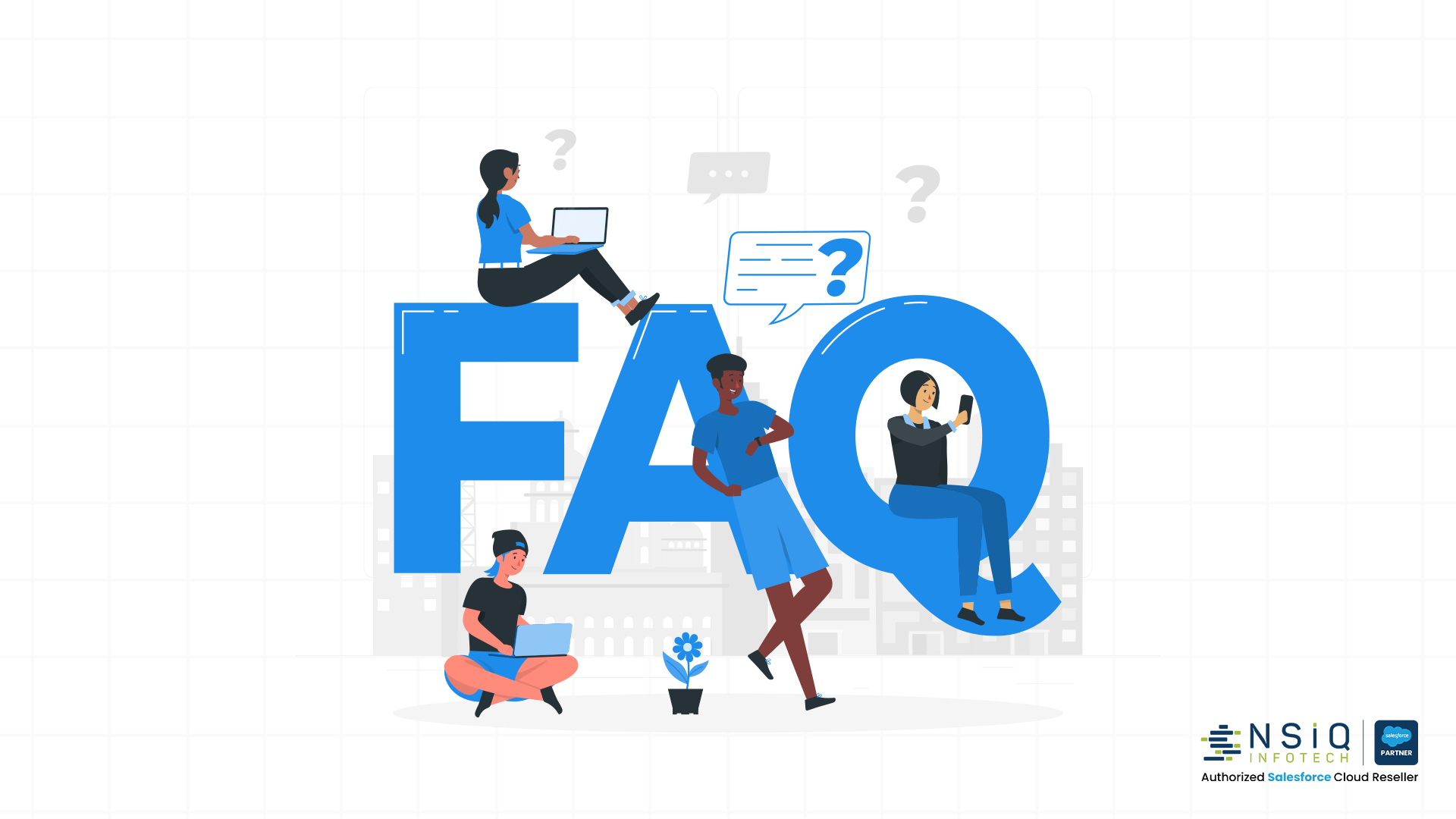 FAQ section illustration showing users interacting with common questions and answers in a digital environment.
