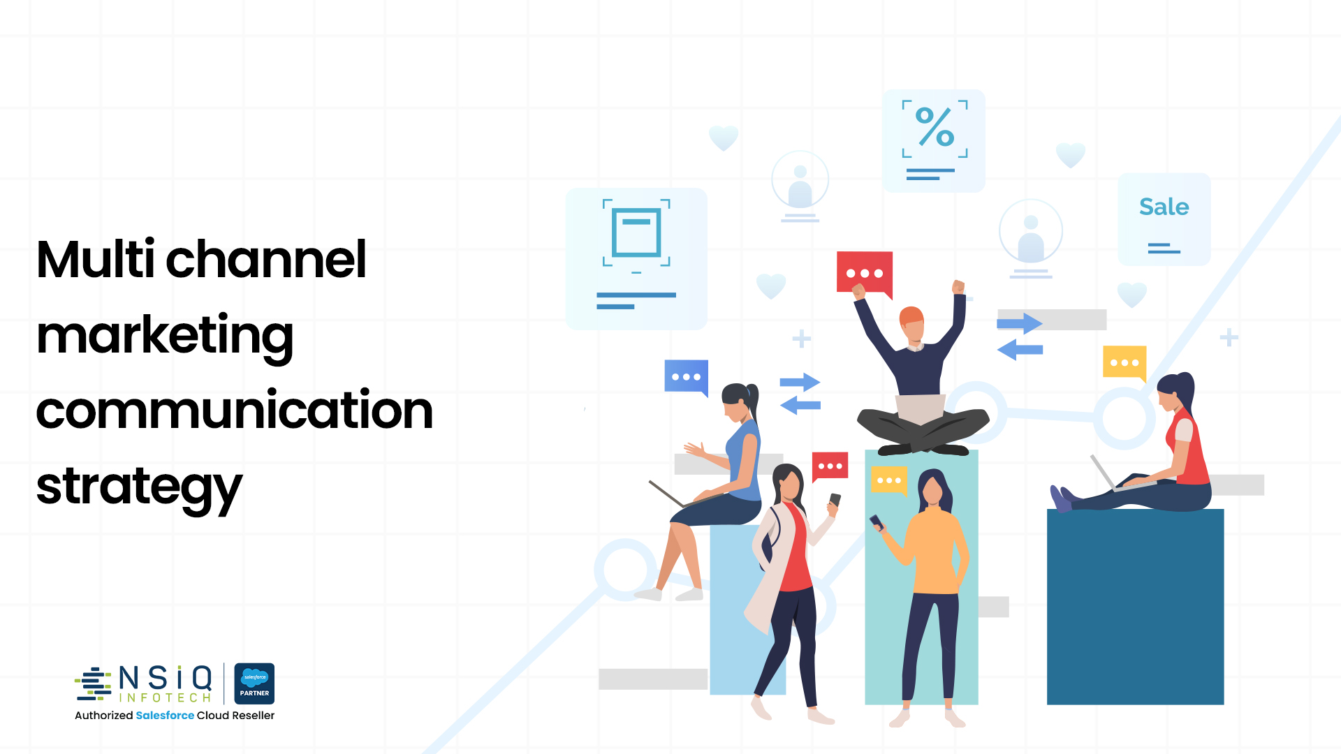 Multi-channel marketing communication strategy showcasing customer engagement across digital platforms like social media, email, and messaging.