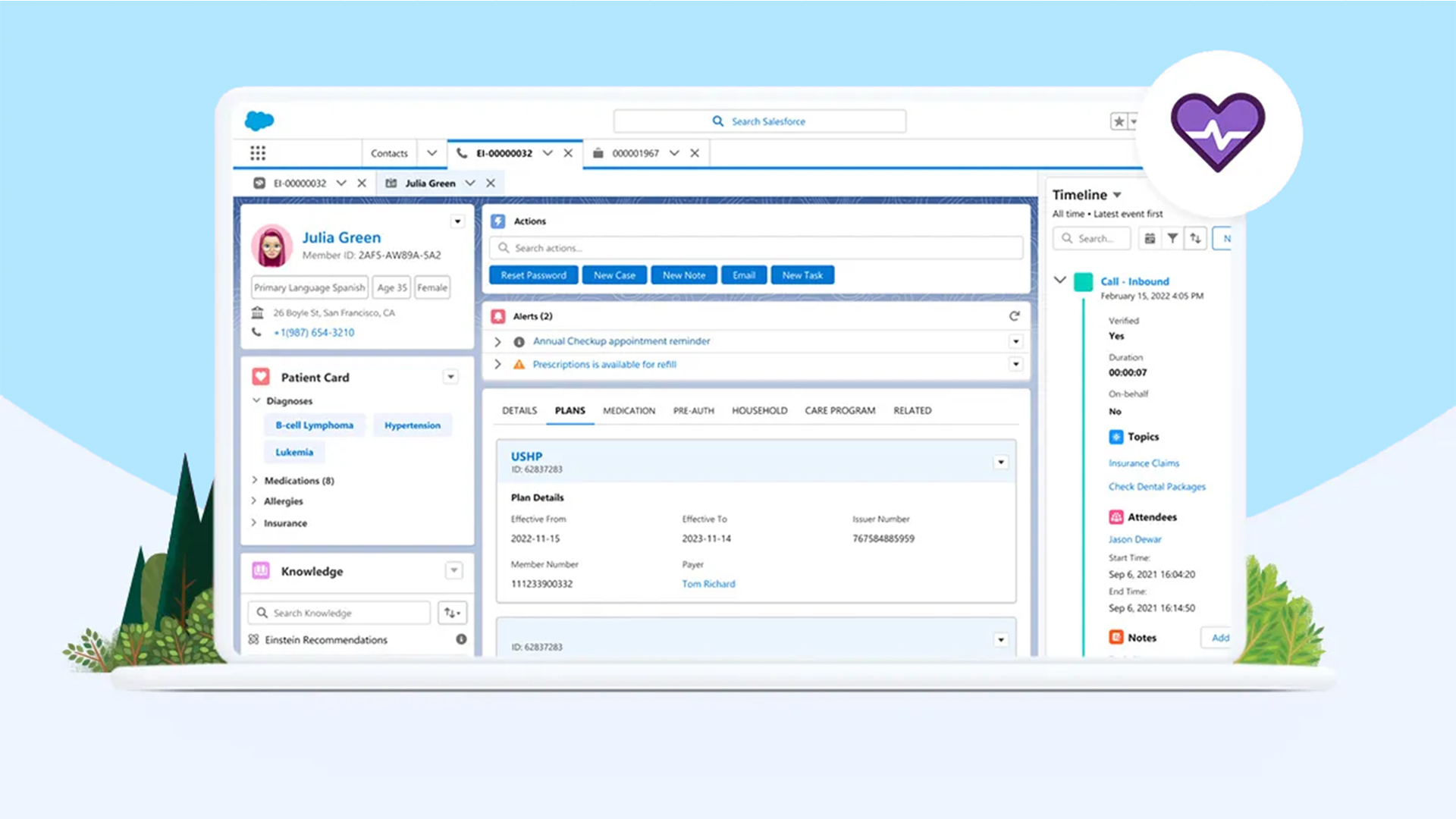 Healthcare CRM dashboard in Salesforce Service Cloud displaying patient details, medical history, alerts, and real-time activity timeline.