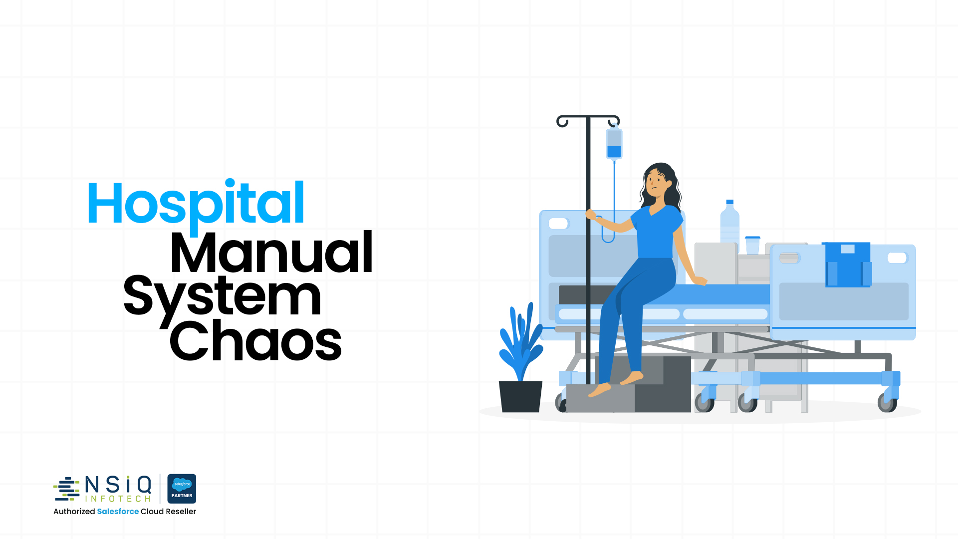 Illustration of a hospital patient connected to an IV drip, representing the chaos and inefficiencies of manual healthcare systems and outdated hospital workflows.