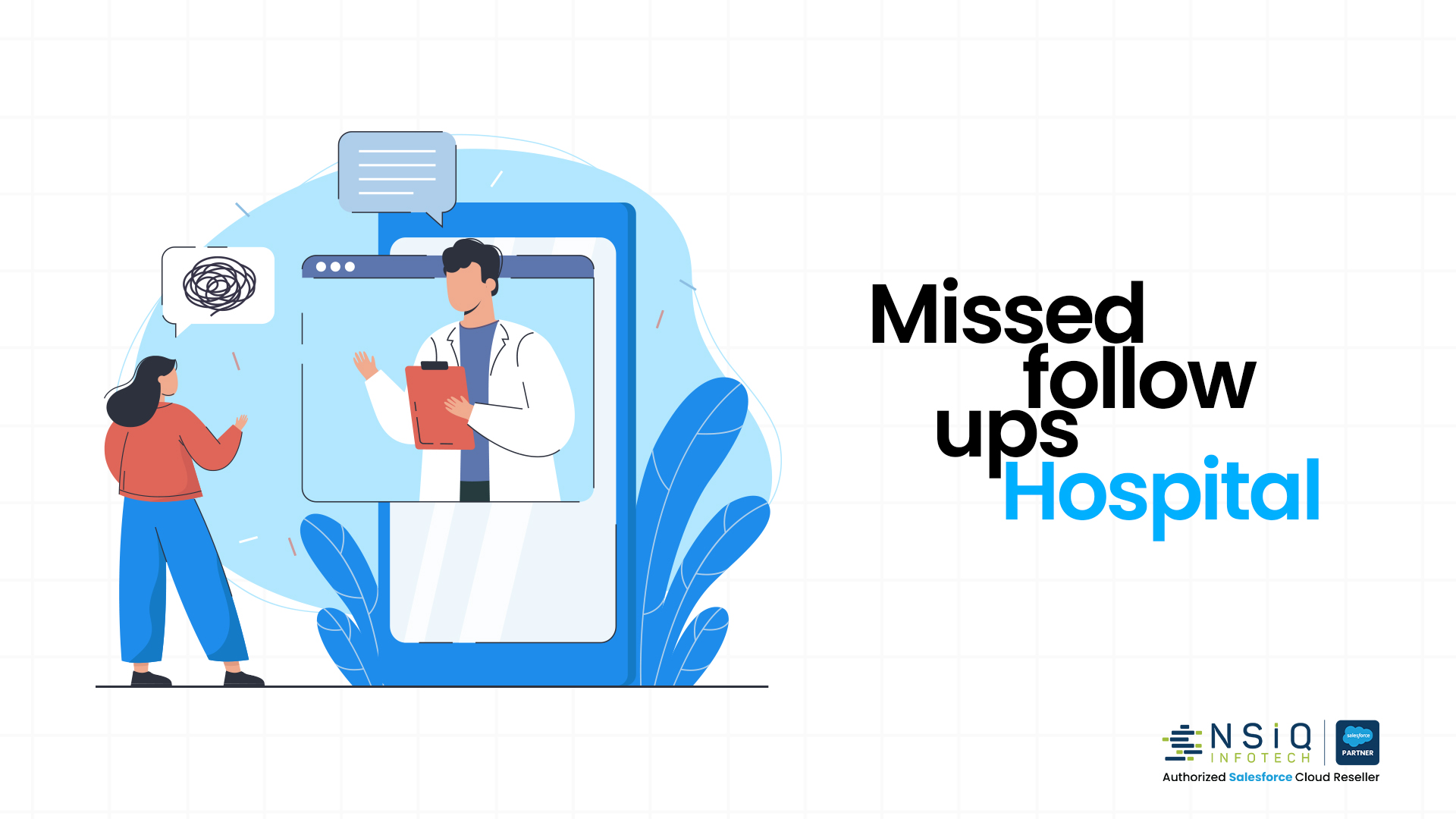 Illustration of a patient speaking with a doctor via a digital screen, representing missed hospital follow-ups and challenges in maintaining consistent patient care and communication.