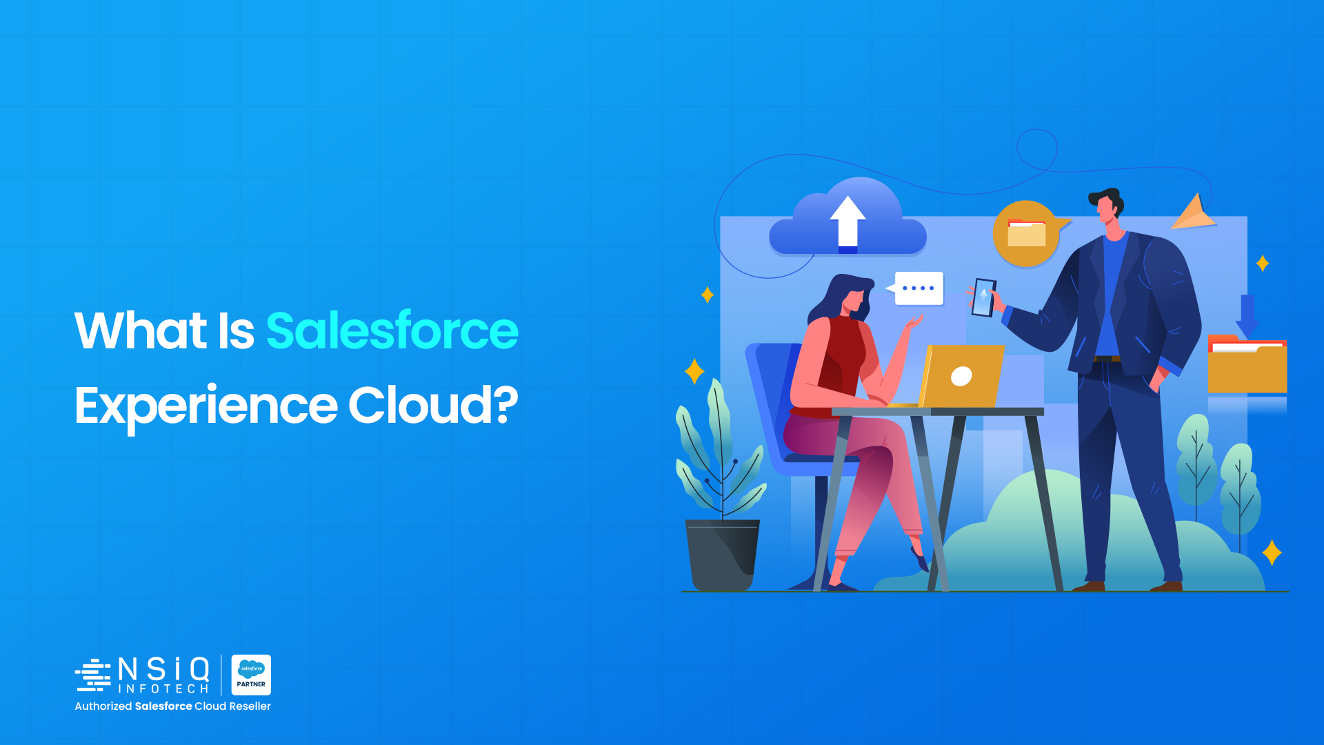 A modern business illustration introducing Salesforce Experience Cloud and its role in improving collaboration, communication, and digital experiences.