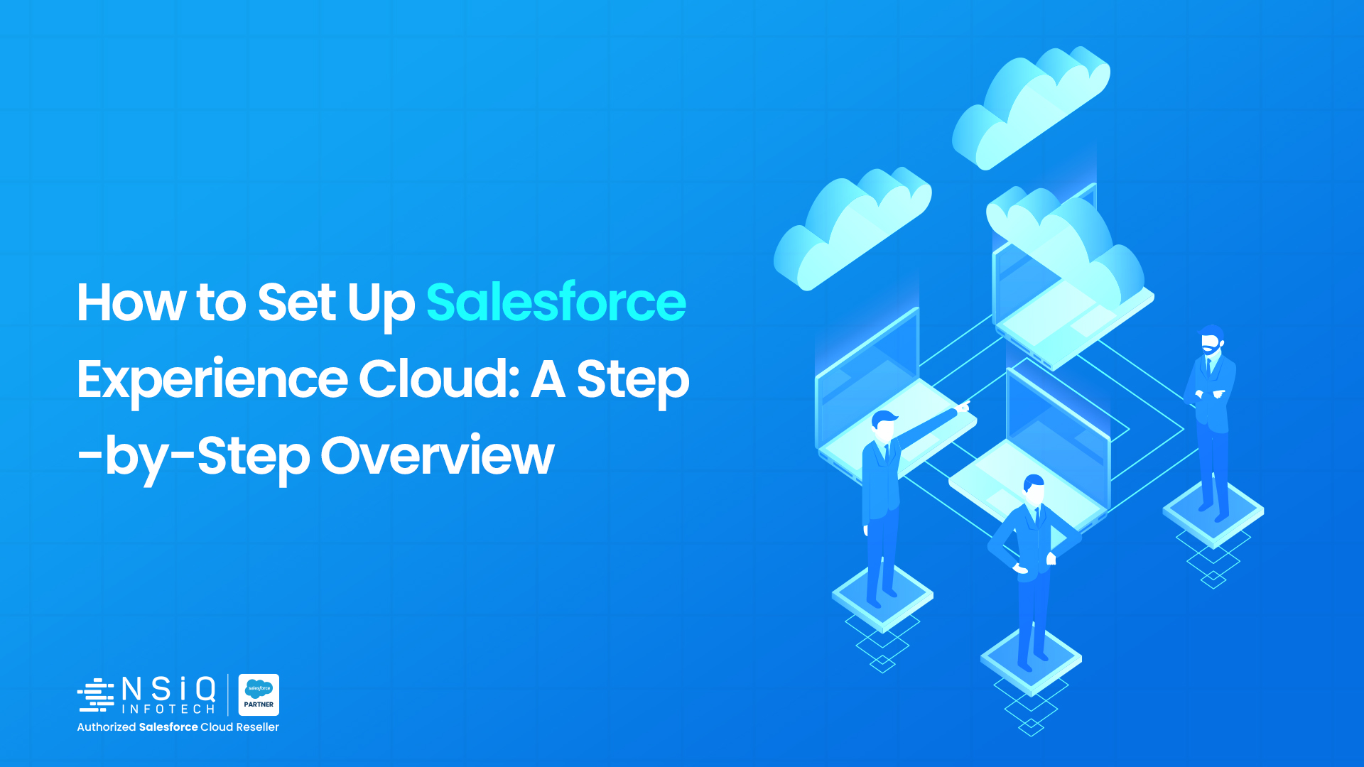 An illustration introducing the step-by-step setup process of Salesforce Experience Cloud for building connected digital experiences and collaboration portals.
