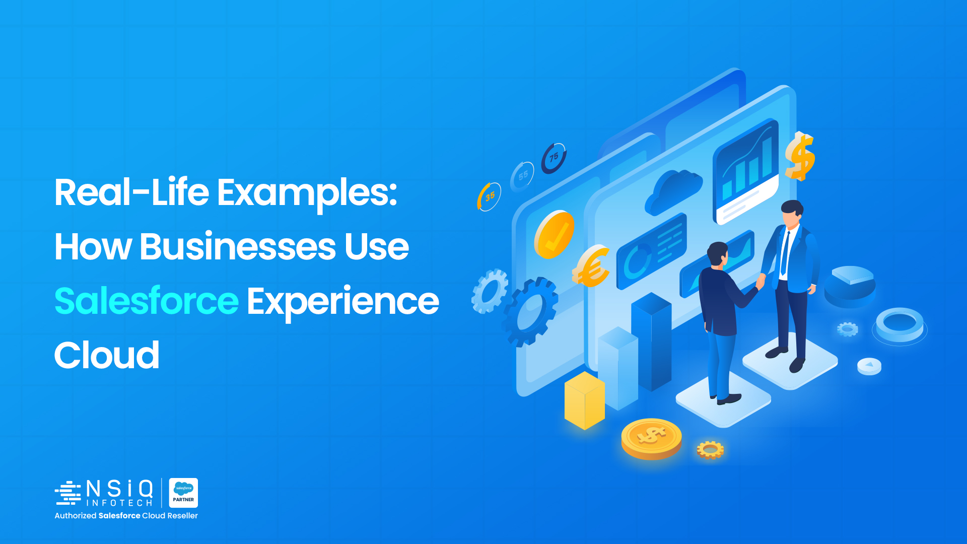 An illustration showing real-world business applications of Salesforce Experience Cloud, highlighting growth, collaboration, and digital transformation.