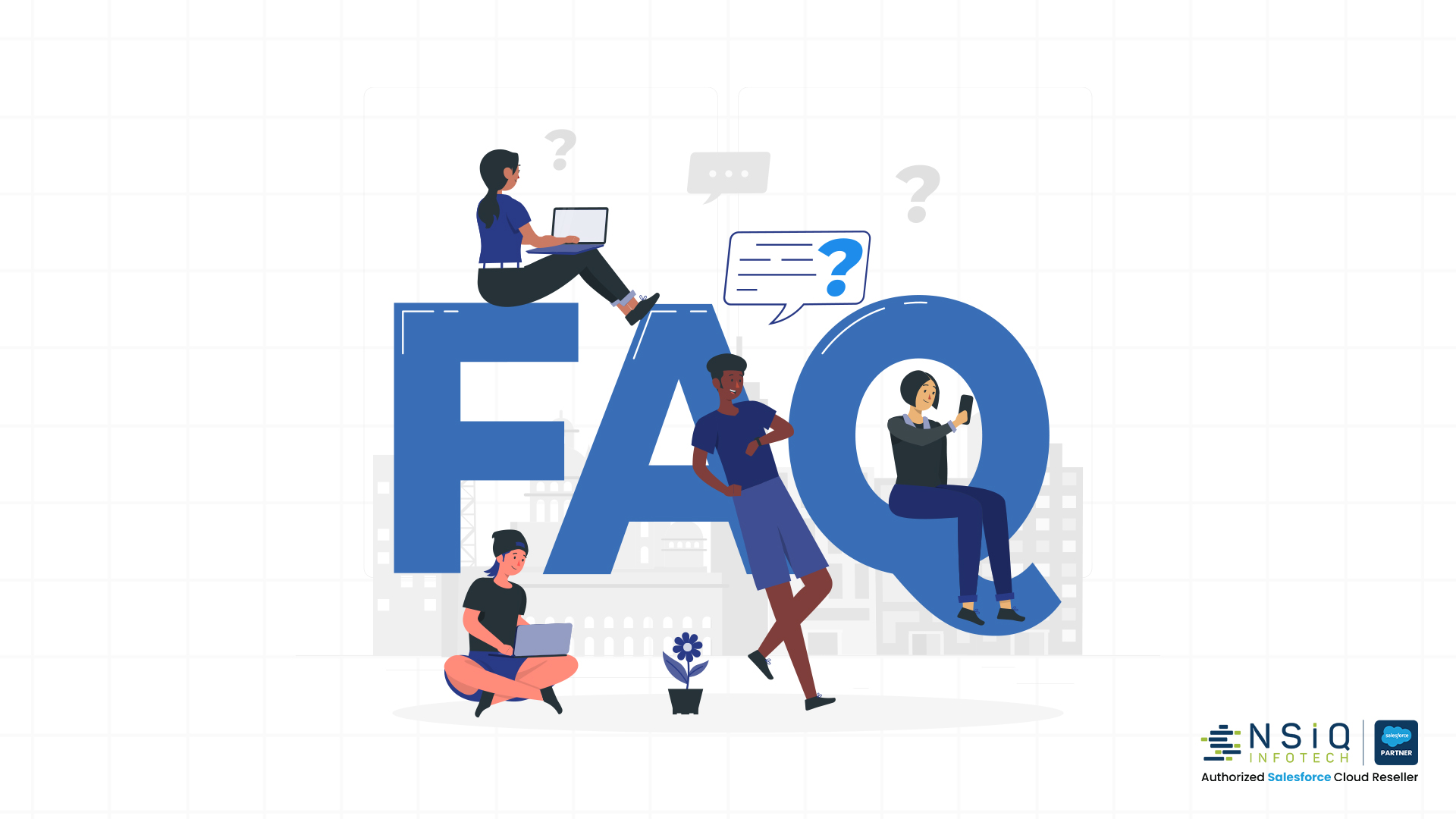 A modern FAQ graphic representing common questions, customer support, and helpful answers related to Salesforce solutions and business services.