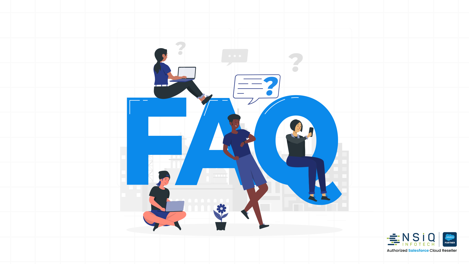 A creative FAQ illustration representing common questions and answers about Salesforce solutions, customer support, and digital services.