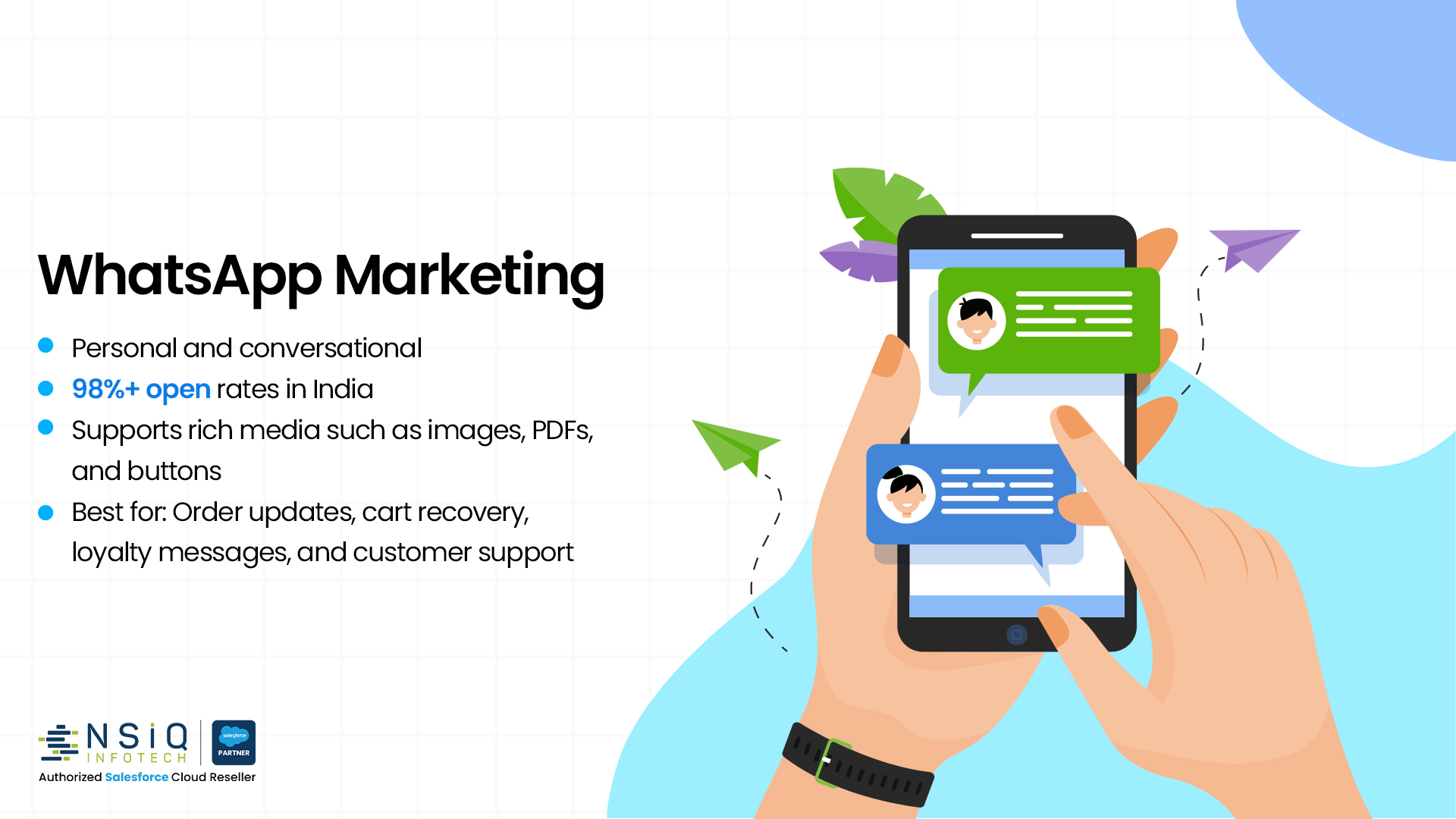 WhatsApp marketing helps businesses engage customers through highly personal conversations, rich media messaging, and high open rates, making it ideal for support and retention campaigns in India.