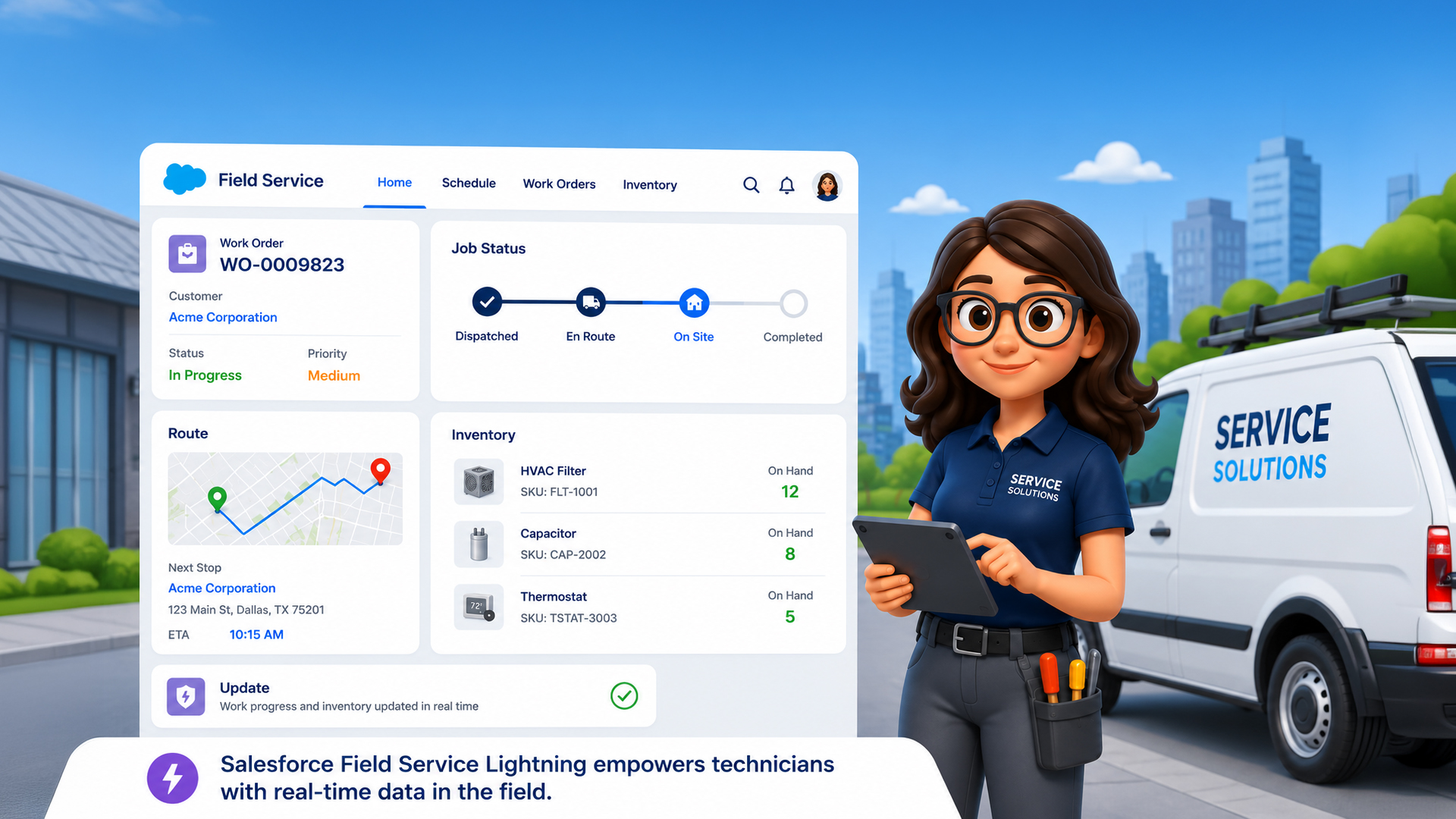 Illustration of a Salesforce Field Service dashboard displaying work order details, technician job status, route map, and inventory tracking alongside a field technician holding a tablet near a service van.