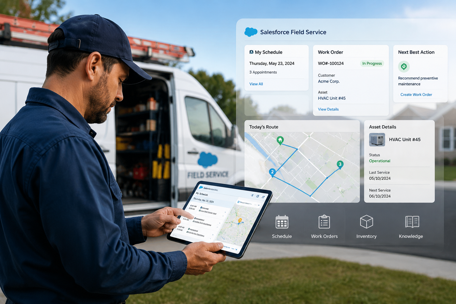 Field service technician using a tablet outdoors beside a service van, with a Salesforce Field Service dashboard displaying schedules, work orders, route maps, and asset details.