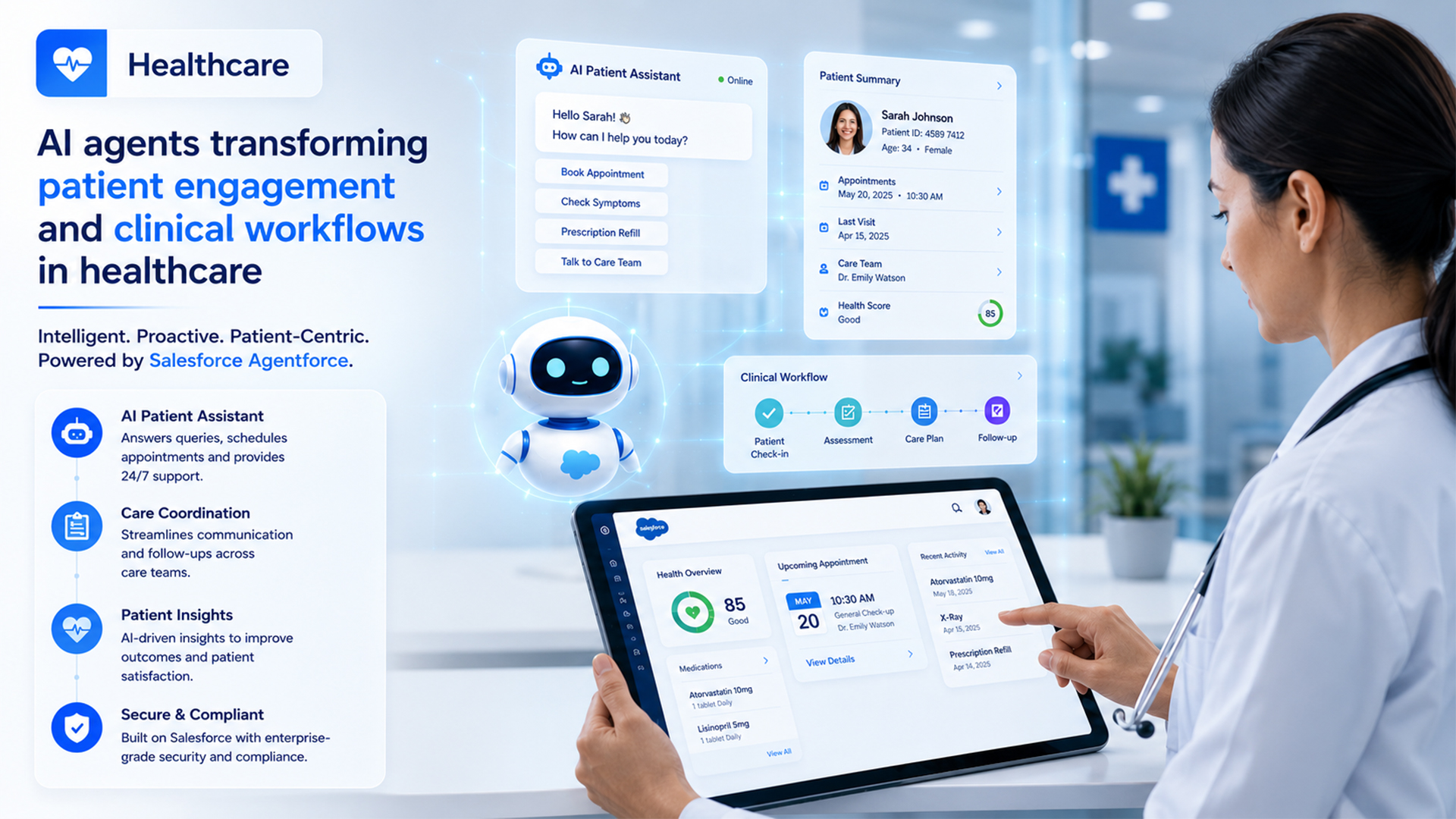 Healthcare professional using a digital patient management dashboard powered by Salesforce Agentforce, featuring an AI Patient Assistant, patient summaries, appointment scheduling, care coordination, clinical workflows, and real-time health insights.