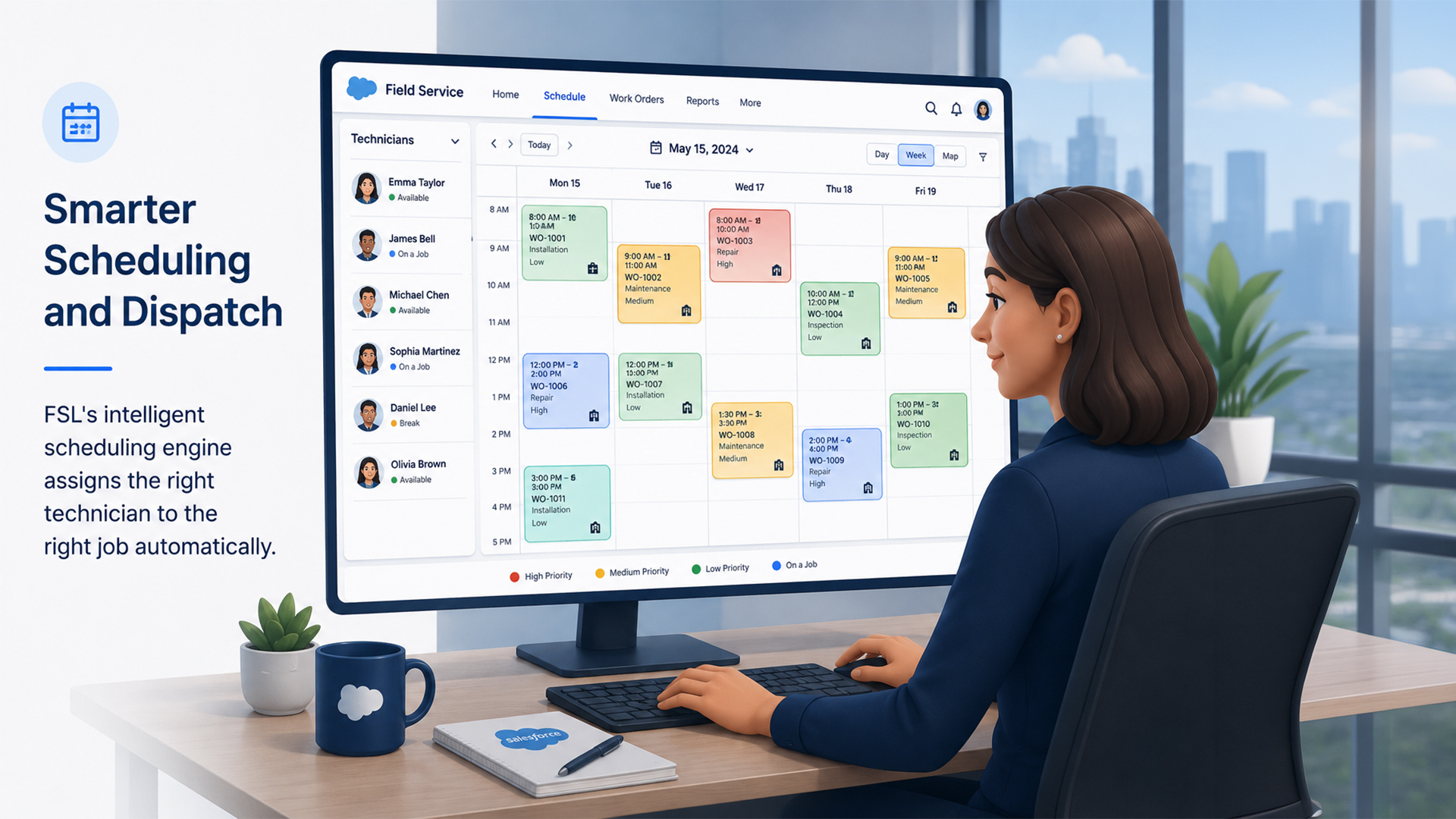 Illustration of a Salesforce Field Service scheduling dashboard showing technician assignments, work orders, and dispatch calendar management while a dispatcher monitors schedules from an office workstation.