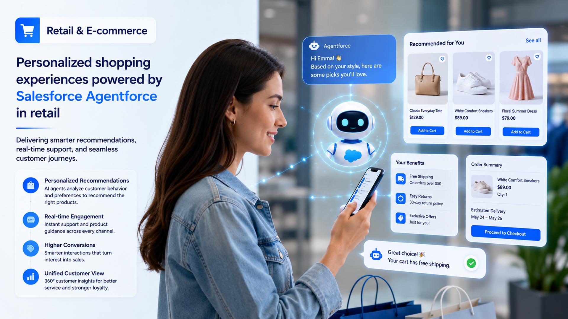 A retail customer using a mobile shopping app powered by Salesforce Agentforce, featuring AI-driven product recommendations, personalized offers, real-time customer support, order summaries, and seamless e-commerce experiences.
