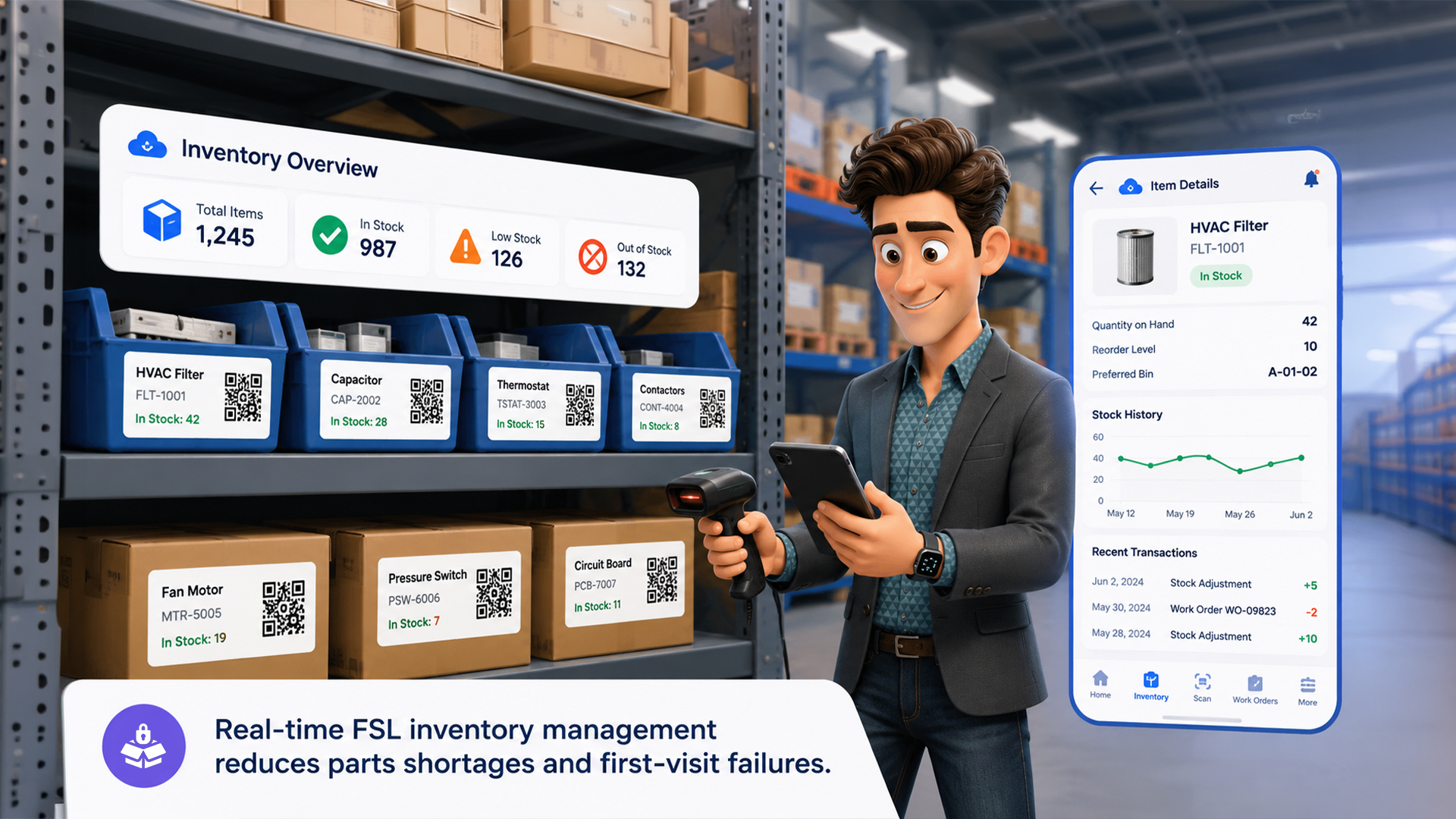 Illustration of a warehouse inventory management system in Salesforce Field Service showing real-time stock tracking, QR-coded inventory bins, and a technician scanning parts using a mobile device and barcode scanner.