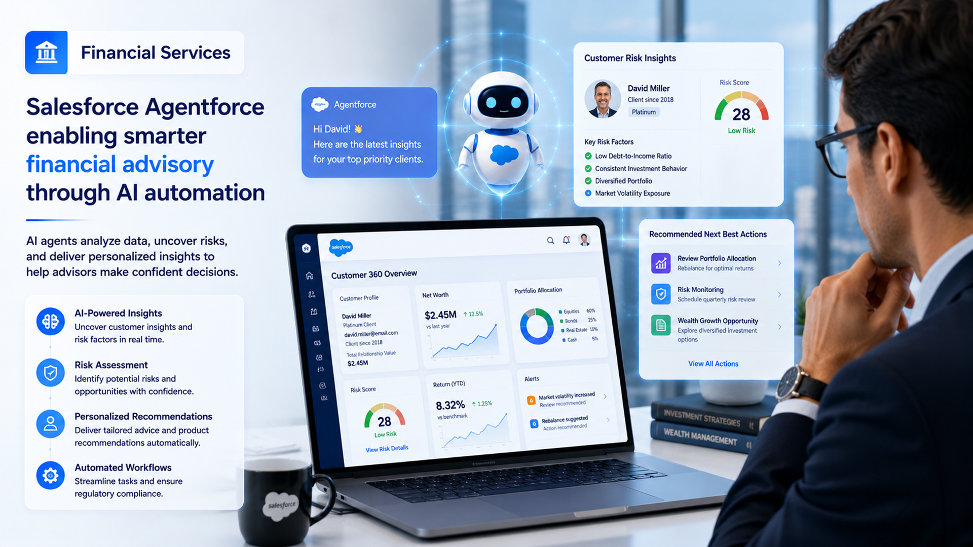Financial advisor reviewing a Salesforce Agentforce dashboard displaying AI-powered customer insights, risk assessment scores, portfolio analysis, personalized recommendations, and automated financial advisory workflows to support smarter investment decisions.