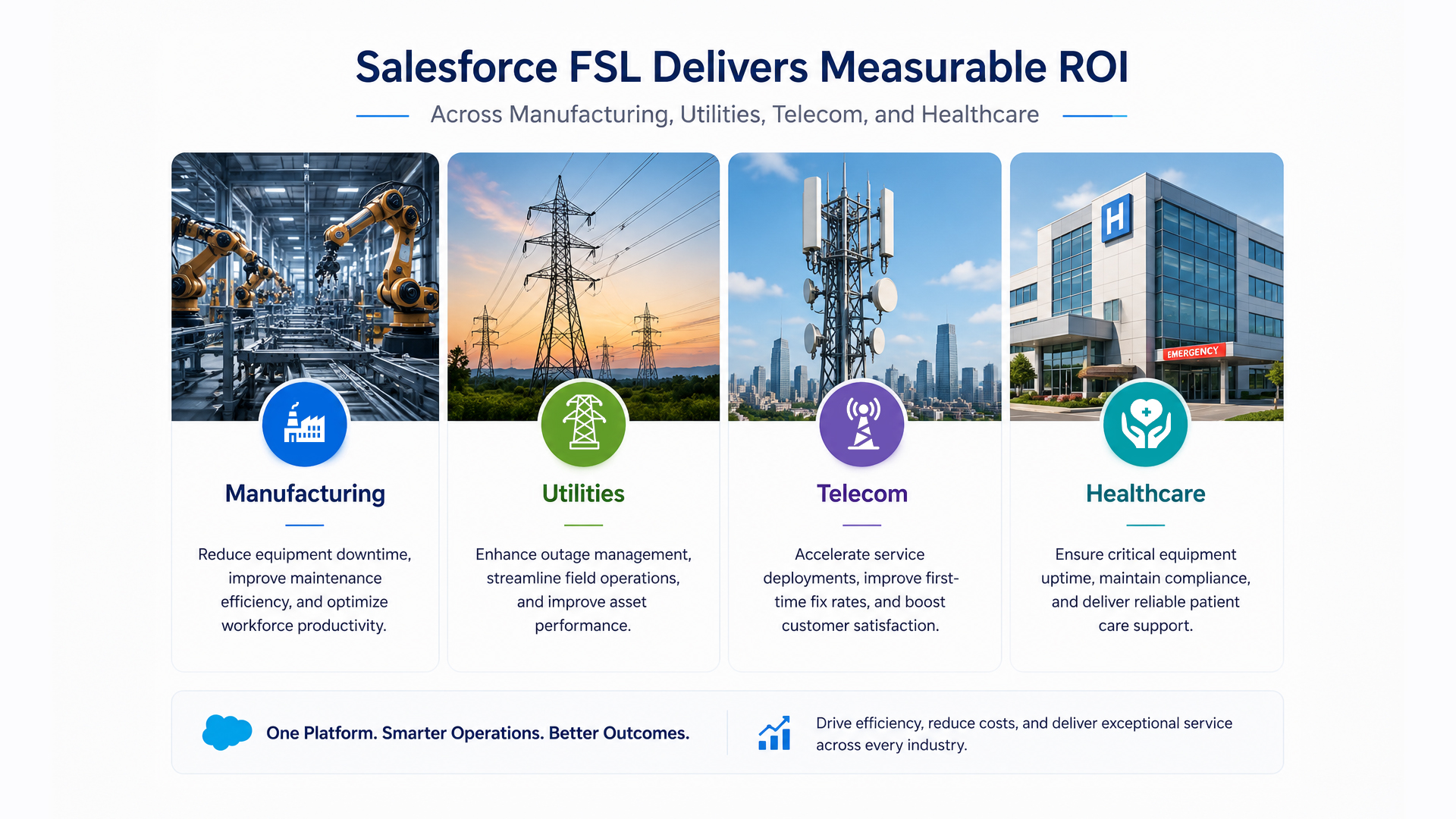 Infographic illustrating how Salesforce Field Service Lightning delivers measurable ROI across manufacturing, utilities, telecom, and healthcare industries through improved field operations, maintenance efficiency, and customer service.