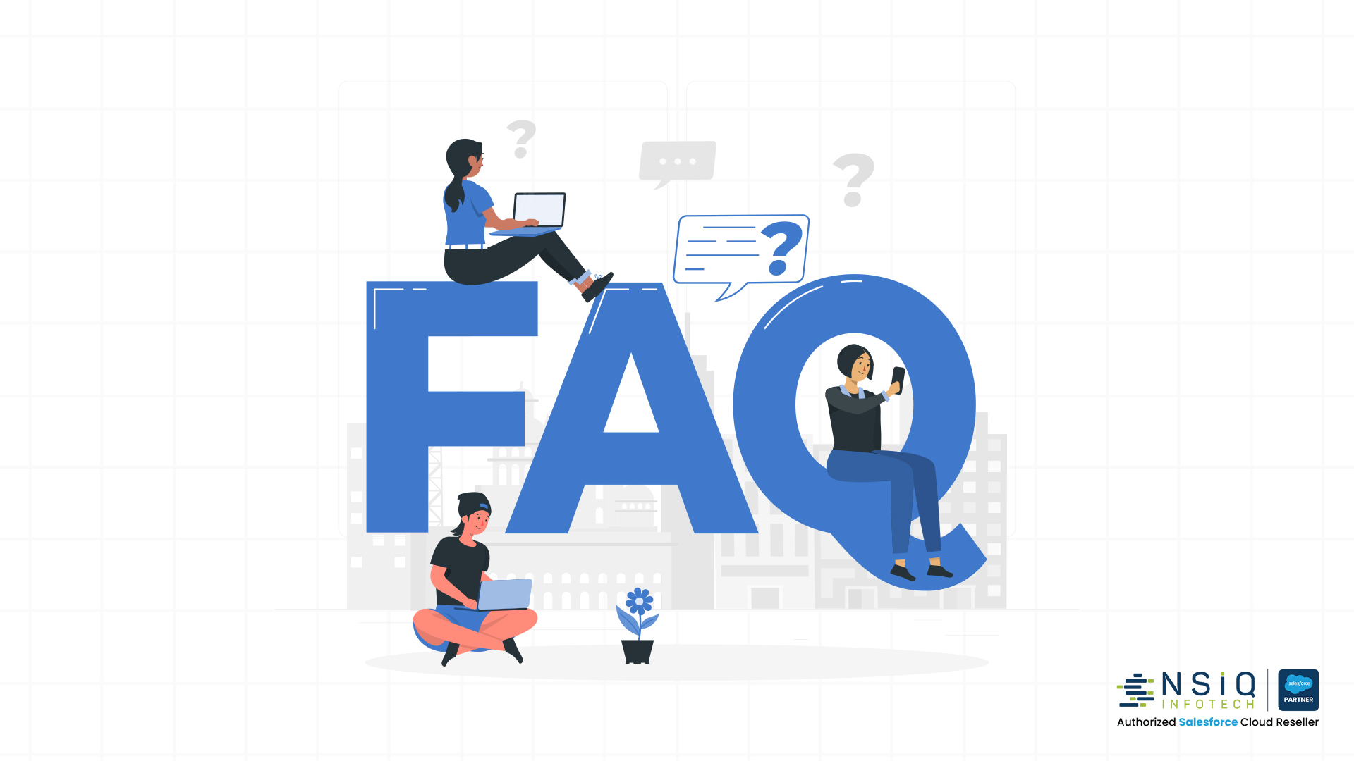 Illustration featuring large “FAQ” text with people using laptops and mobile devices around it, symbolizing customer support, common questions, and knowledge sharing in a digital service environment.