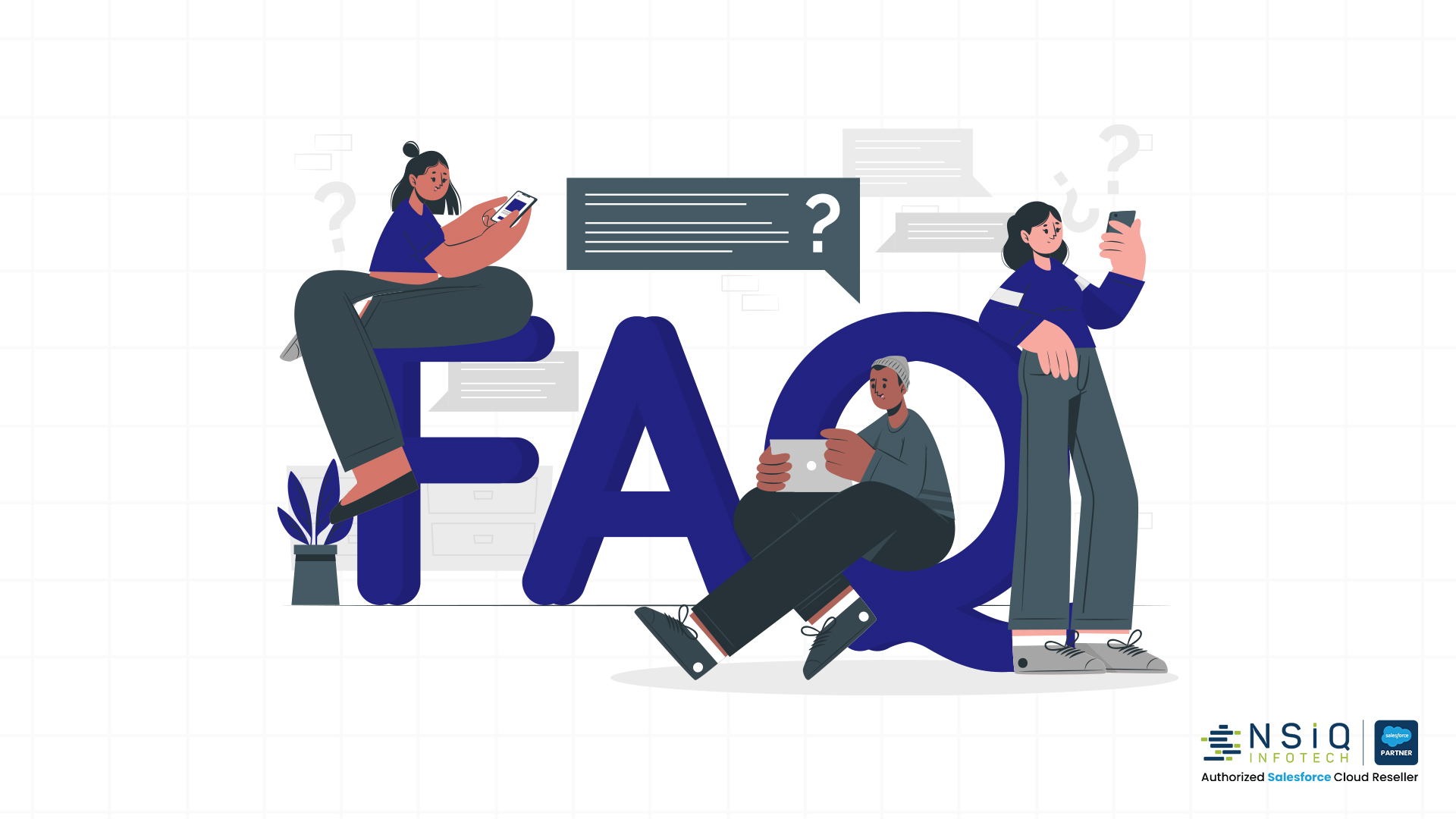 Illustration featuring large “FAQ” text with people using smartphones and tablets around it, representing customer questions, digital communication, and online support resources.