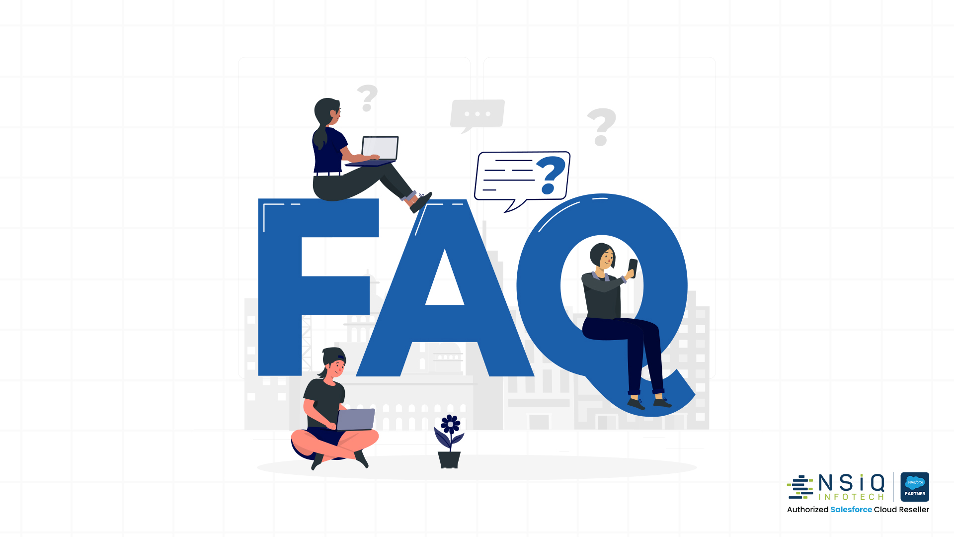 Illustration of people using laptops and mobile devices around large “FAQ” letters, representing frequently asked questions, customer support, and online assistance.