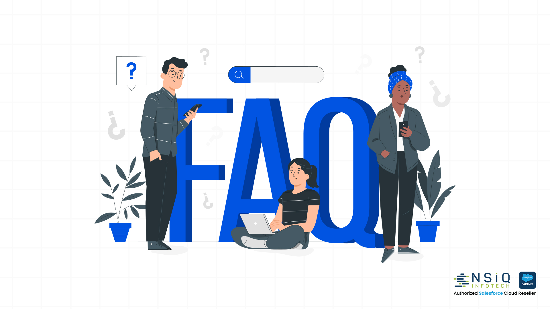 Illustration of a large FAQ text with people using mobile devices and a laptop, symbolizing frequently asked questions, customer support, and online information assistance.