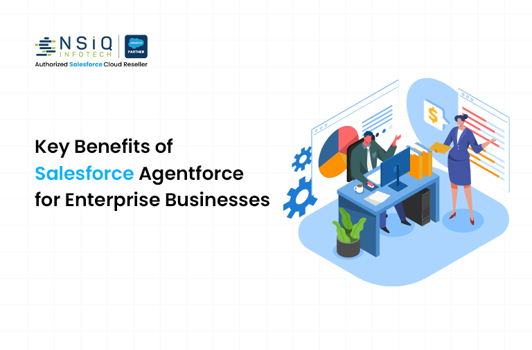 Illustration of enterprise professionals analyzing business performance dashboards and financial growth metrics with Salesforce Agentforce solutions for enterprise businesses.