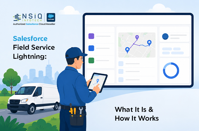 Illustration of a field service technician using a tablet in front of a Salesforce Field Service Lightning dashboard displaying route management, scheduling, and service analytics with a service van in the background.