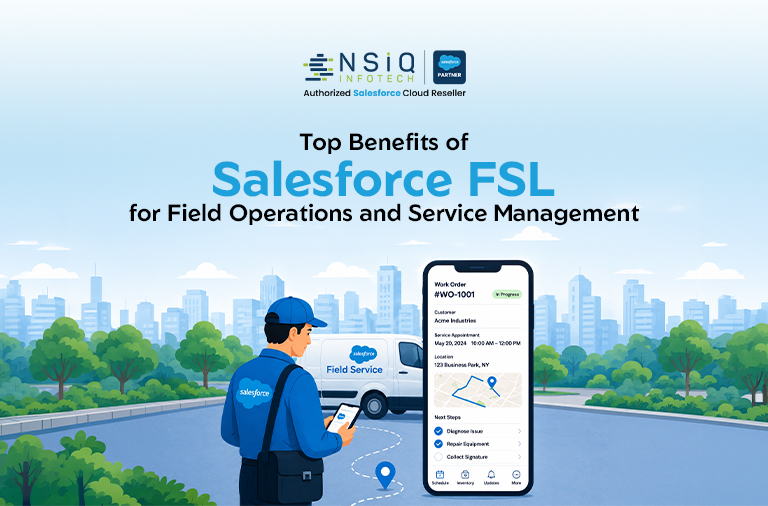 Illustration highlighting the top benefits of Salesforce Field Service Lightning (FSL) for field operations and service management, featuring a field technician using a mobile device, a service van, and a smartphone displaying work order details and route tracking.
