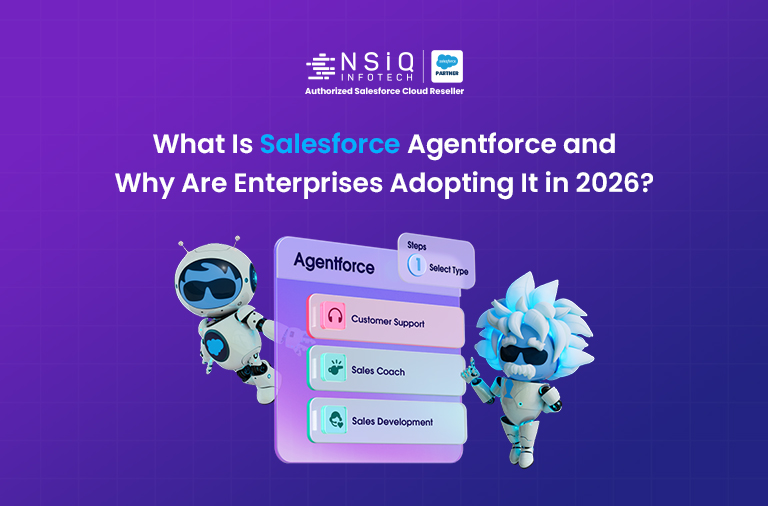 Illustration titled “What Is Salesforce Agentforce and Why Are Enterprises Adopting It in 2026?” featuring AI-powered Agentforce interfaces, customer support and sales workflow options, and animated robot characters representing intelligent enterprise automation.