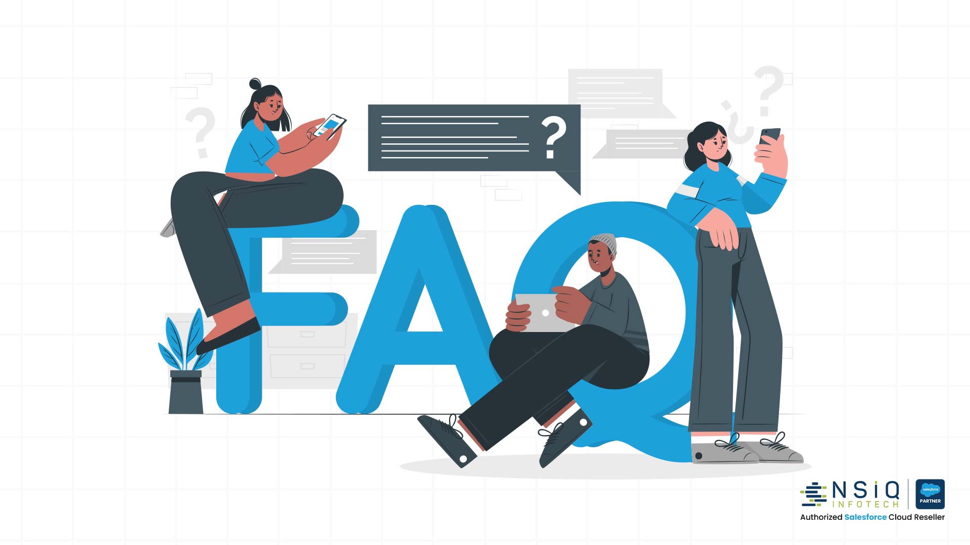 Illustration of people using mobile devices around large “FAQ” letters, representing frequently asked questions, customer support, self-service help resources, and knowledge sharing.