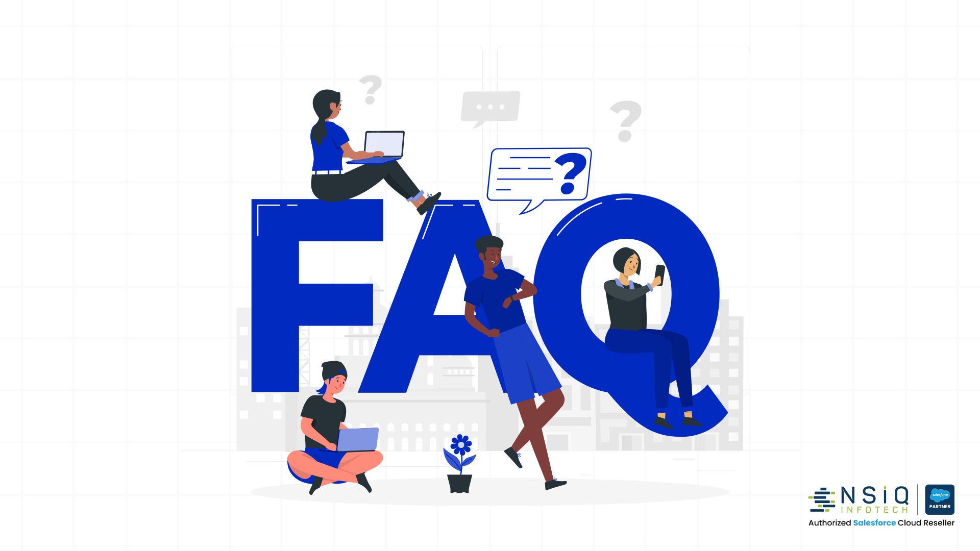 Illustration of people using laptops and mobile devices around large “FAQ” letters, representing frequently asked questions, customer support resources, and self-service knowledge access.