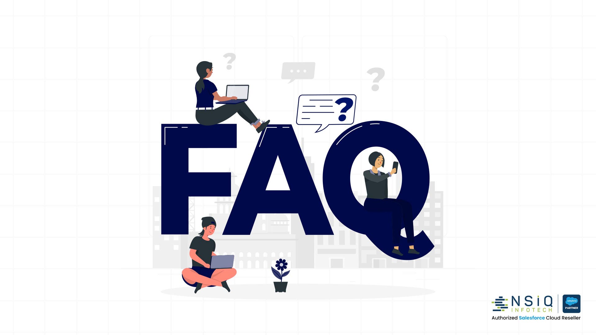 Illustration of a large FAQ text with people using laptops and mobile devices around it, symbolizing frequently asked questions, customer support, knowledge sharing, and information access.