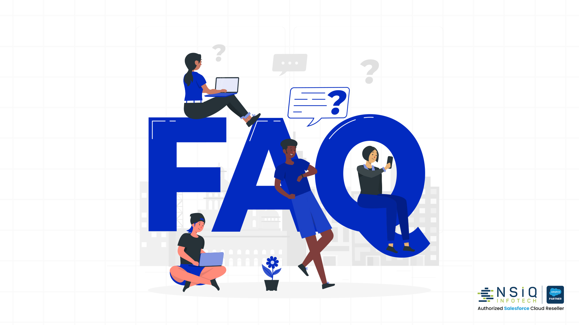 Illustration of people using laptops and mobile devices around large “FAQ” letters, representing frequently asked questions and customer support resources.