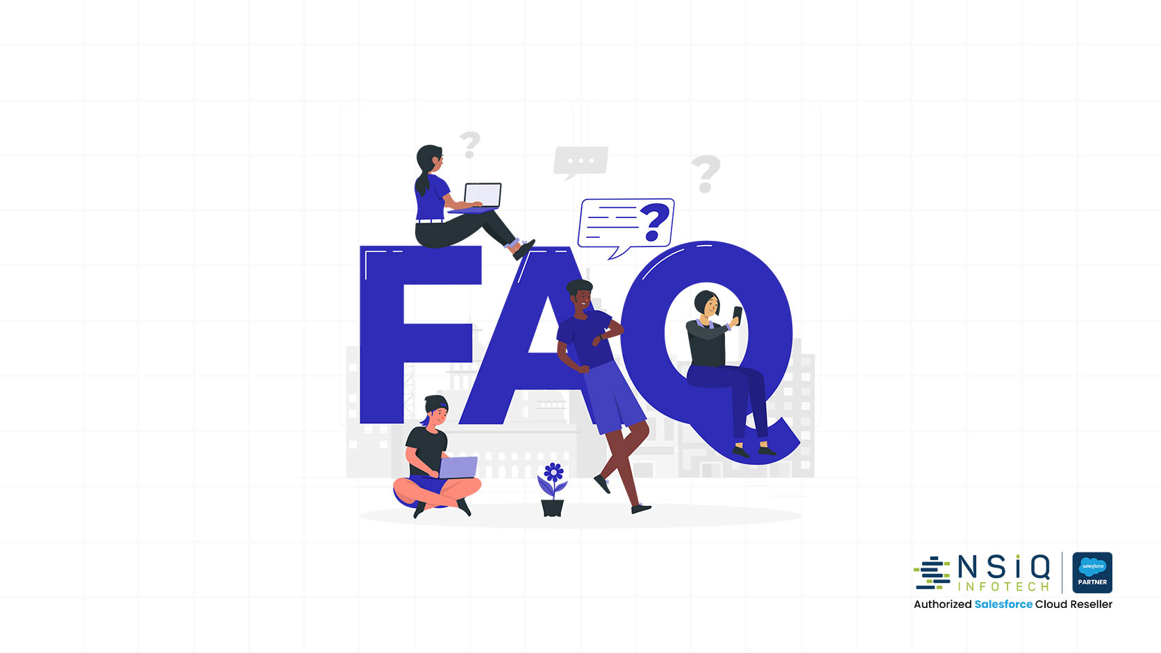 Illustration of a large FAQ sign with people using laptops and mobile devices, representing a frequently asked questions section designed to help users find answers, support, and information quickly.