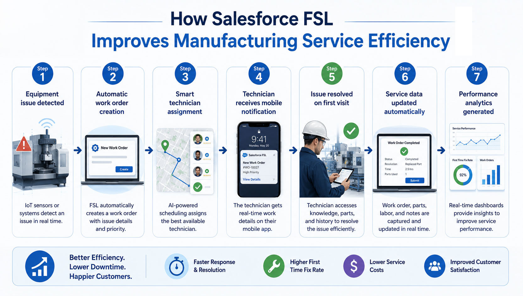 Infographic showing how Salesforce Field Service Lightning (FSL) improves manufacturing service efficiency through a seven-step workflow, from equipment issue detection and automatic work order creation to technician assignment, issue resolution, data updates, and performance analytics.