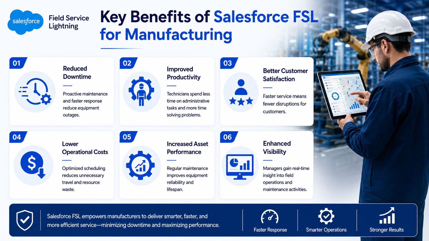 Infographic highlighting six key benefits of Salesforce Field Service Lightning (FSL) for manufacturing, including reduced downtime, improved productivity, better customer satisfaction, lower operational costs, increased asset performance, and enhanced visibility, alongside an engineer using a tablet in a manufacturing facility.