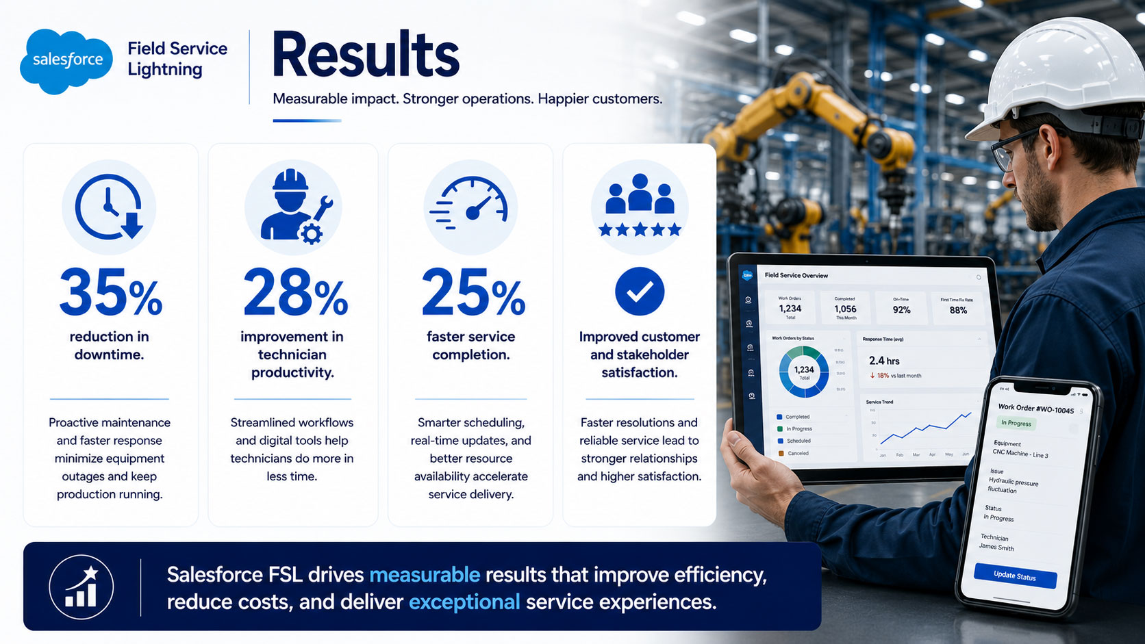 Infographic showing Salesforce Field Service Lightning (FSL) results in manufacturing, highlighting a 35% reduction in downtime, 28% improvement in technician productivity, 25% faster service completion, and improved customer satisfaction, alongside a technician using digital dashboards in a factory environment.