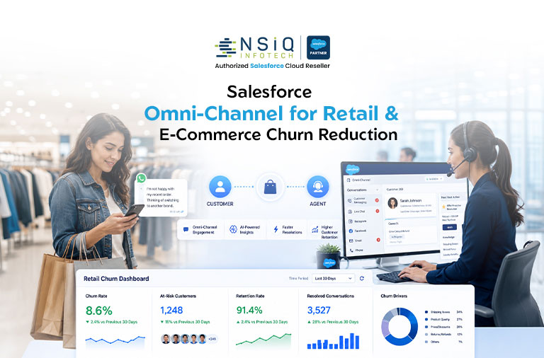 Salesforce Omni-Channel solution for reducing retail and e-commerce customer churn through AI-powered engagement and customer support.